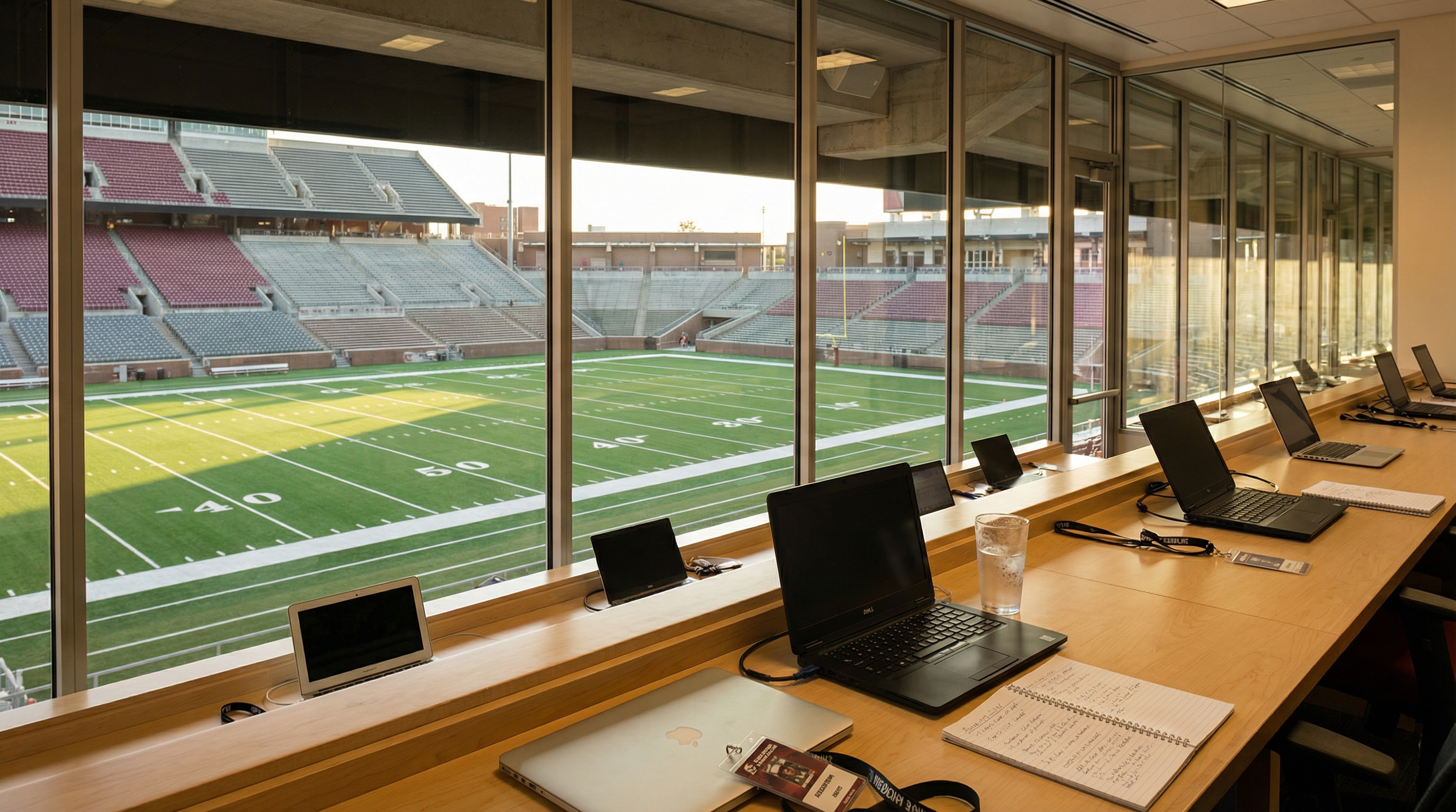College football stadium press box overlooking a packed field under stadium lights