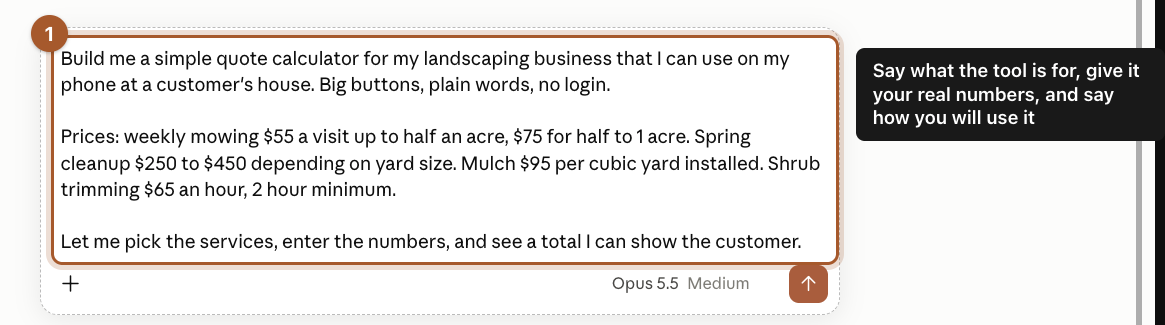 A request typed in the message box describing a quote calculator, with prices for mowing, cleanup, mulch and trimming.