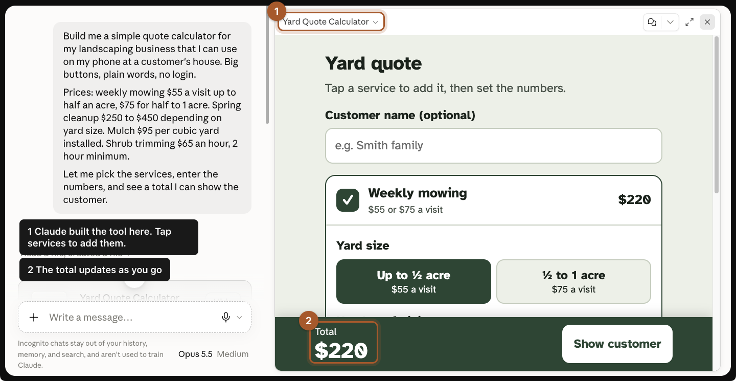 The chat on the left and a working Yard Quote Calculator on the right, with weekly mowing checked and a $220 total at the bottom.