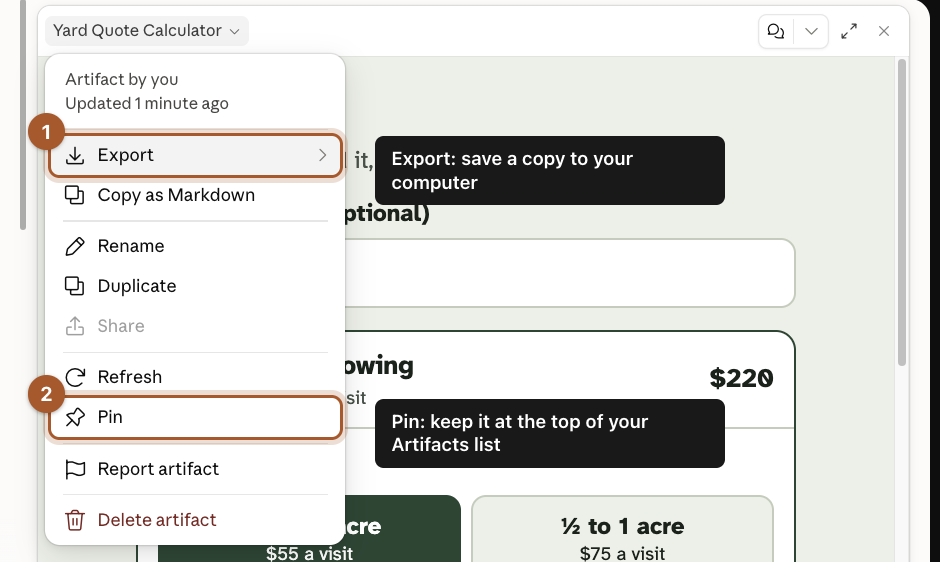 The menu that opens from the tool's name, with Export marked 1 and Pin marked 2.