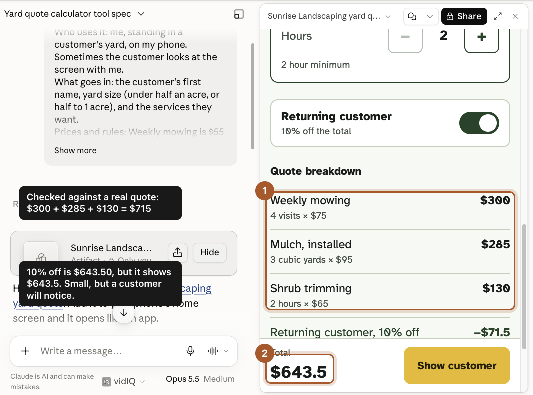 The tool with a test quote entered: the line items marked 1 adding to $715, and the total marked 2 showing $643.5 instead of $643.50.