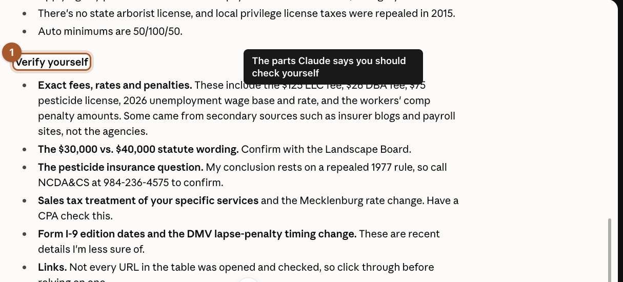 A follow-up asking Claude to double-check its answer, and Claude's reply listing what it is confident about and what should be verified.