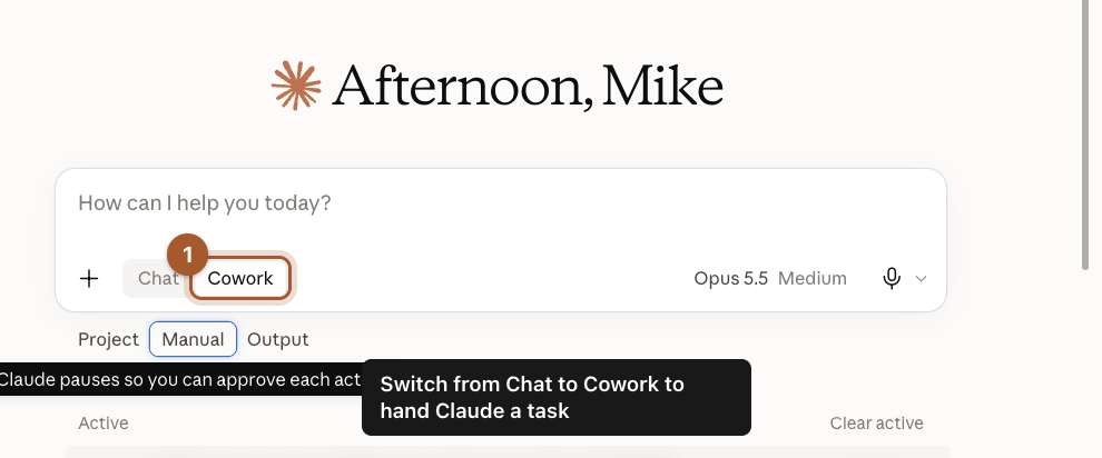 The message box with the Cowork button marked, next to Chat.