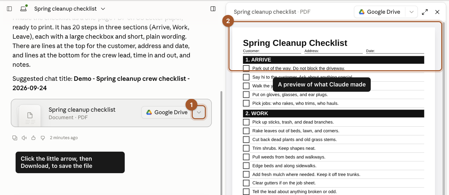 A finished task: Claude's summary on the left with a file card for the checklist PDF, and a preview of the printable checklist on the right.