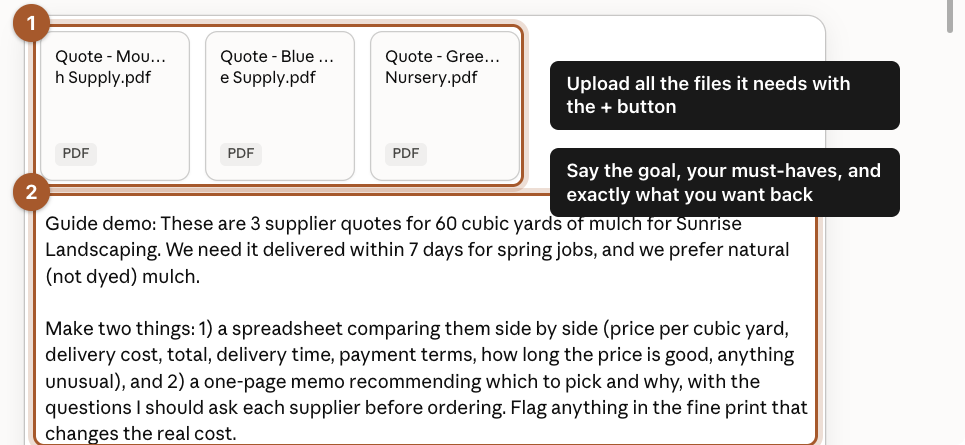 The Cowork message box with three supplier quote PDFs attached, marked 1, and a detailed brief typed below them, marked 2.