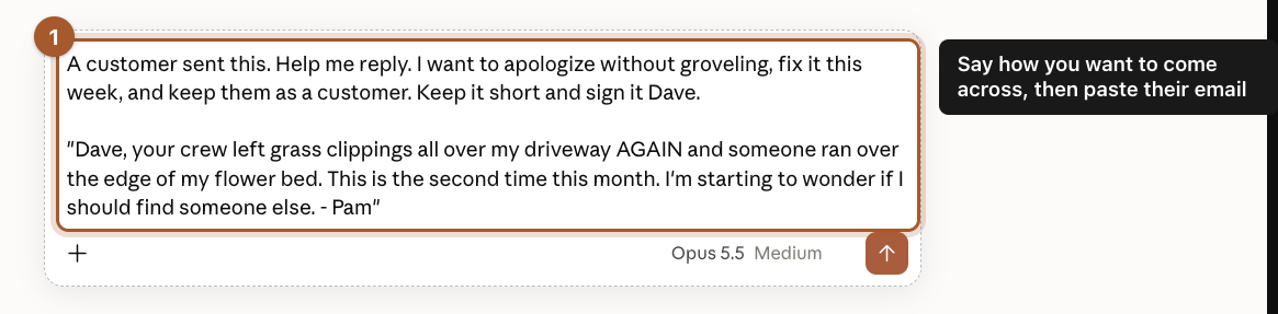 The message box with a request to reply without groveling, followed by the customer's complaint.