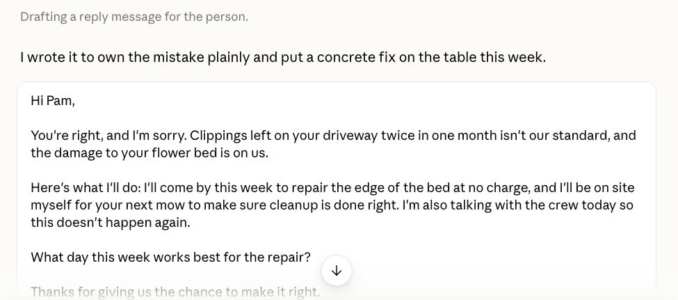 Claude's reply: an email to Pam that owns the mistake and offers to repair the flower bed at no charge.