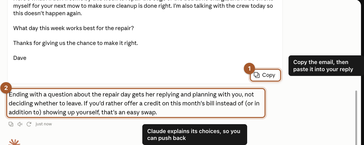 The end of the email with the Copy button marked, and Claude's note explaining why it ended with a question.