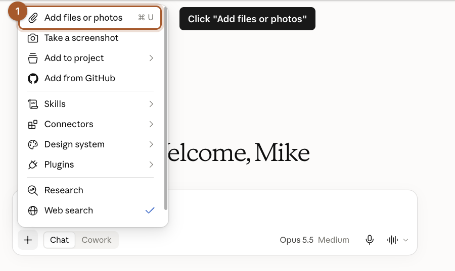 The plus menu open, with Add files or photos at the top marked.
