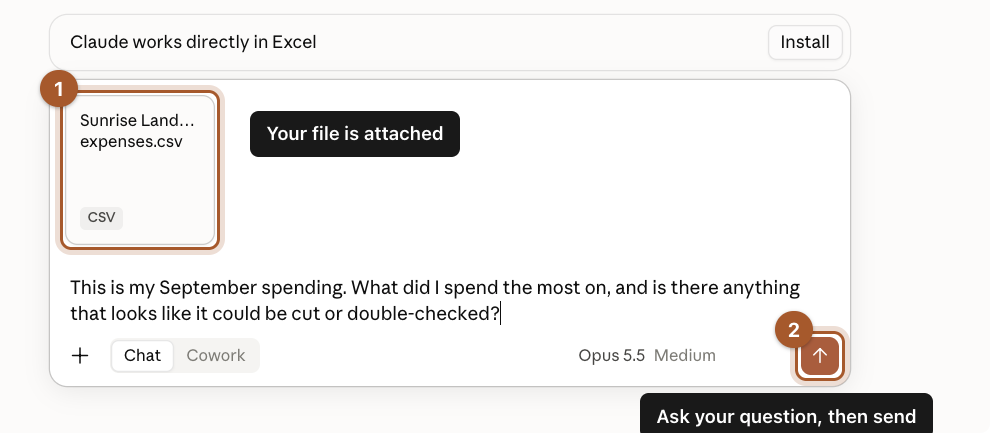 The attached spreadsheet shown as a small card above the typed question, with the send arrow marked.