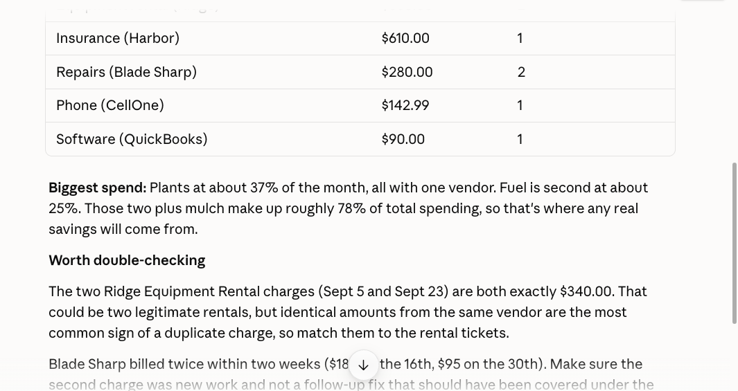 Claude's answer: a table of spending by category, plus a note that two identical equipment rental charges are worth double-checking.