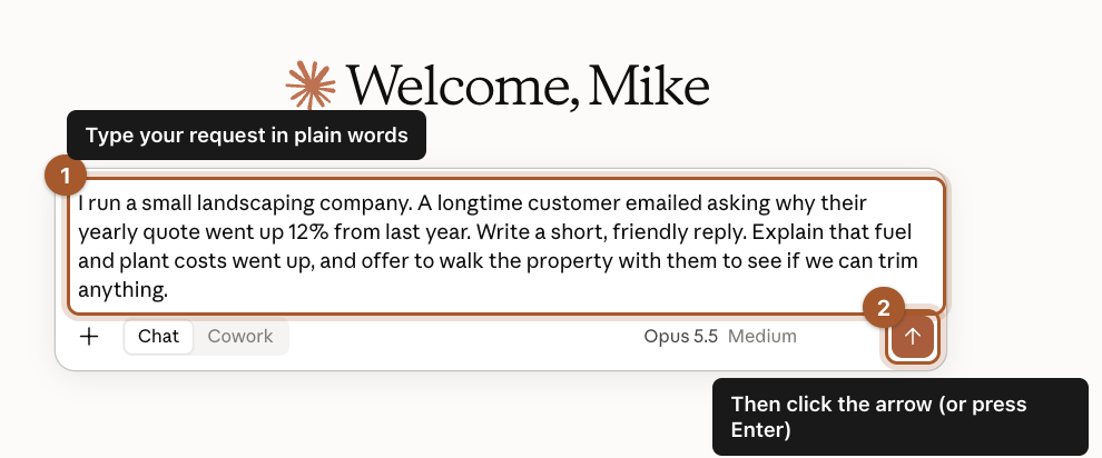 The message box with a request typed in, marked 1, and the orange send arrow marked 2.