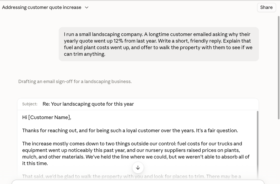 Claude's reply: a drafted email to the customer explaining the price increase.
