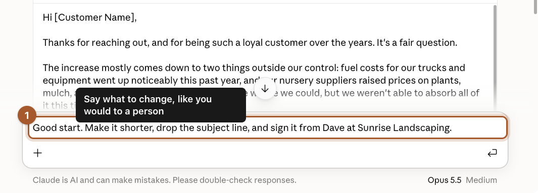 A follow-up request typed in the message box asking Claude to make the email shorter and sign it from Dave.
