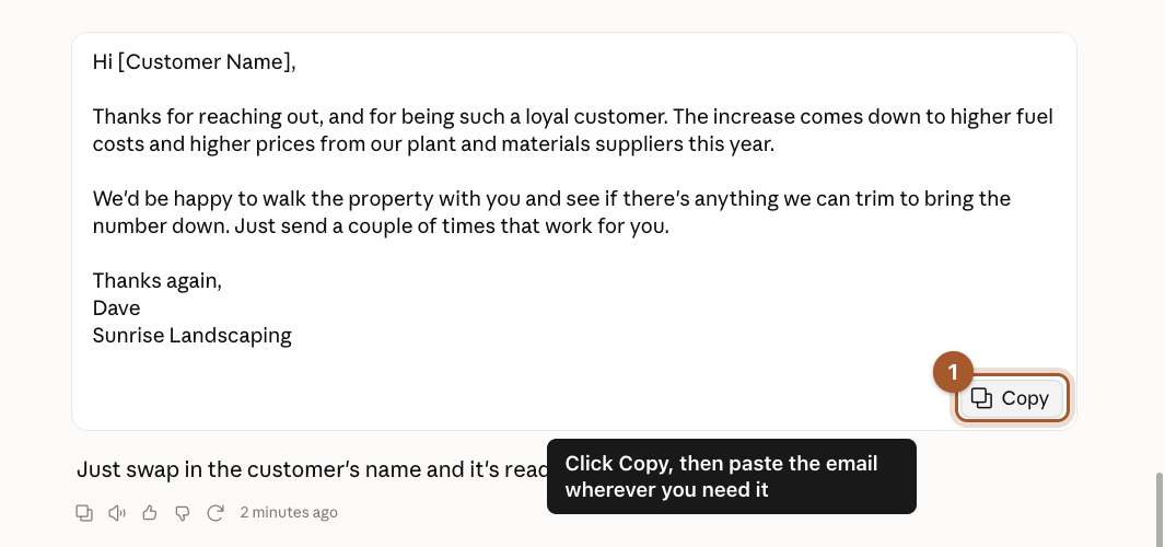 The shorter revised email signed Dave, Sunrise Landscaping, with the Copy button marked.