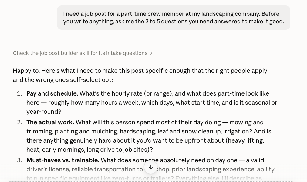 Claude replying with a numbered list of questions about pay, schedule and the actual work before writing the job post.