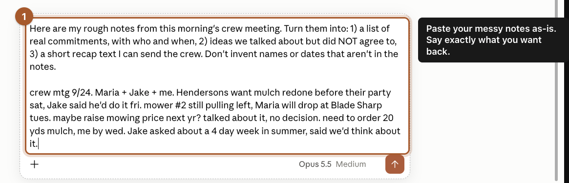 The message box with a request for commitments, undecided ideas and a recap, followed by messy meeting notes.