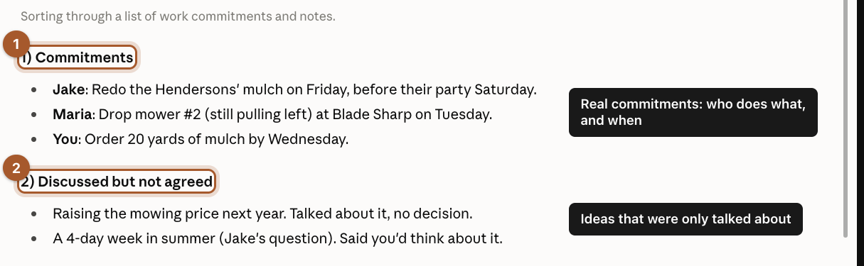 Claude's answer split into Commitments, with who and when, and Discussed but not agreed.