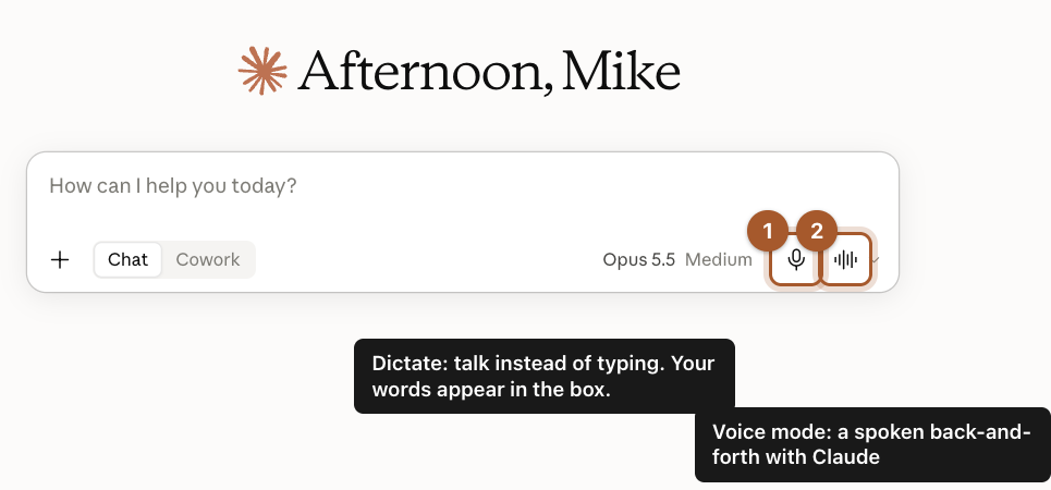 The message box with the microphone button marked 1, Dictate, and the sound-wave button marked 2, voice mode.
