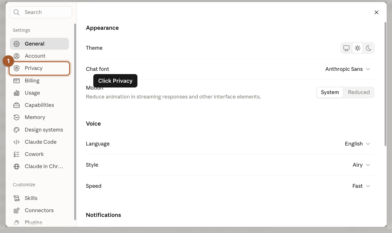 The Settings window with Privacy marked in the left-hand menu.