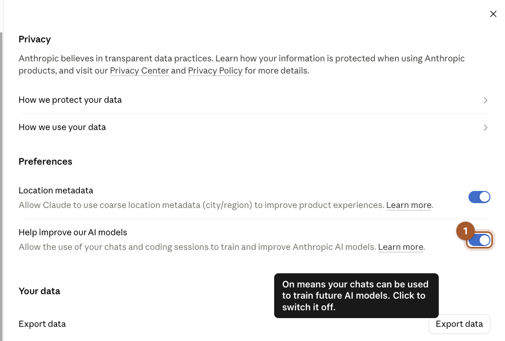 The Privacy settings page with the Help improve our AI models switch marked, shown turned on.