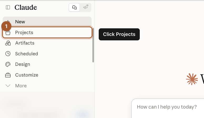 The left side menu with Projects marked, just below New.