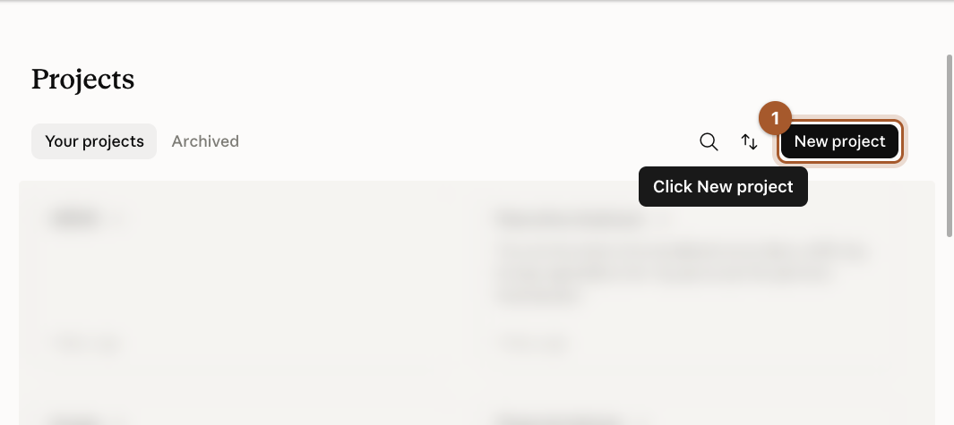 The Projects page with the New project button in the top right marked.