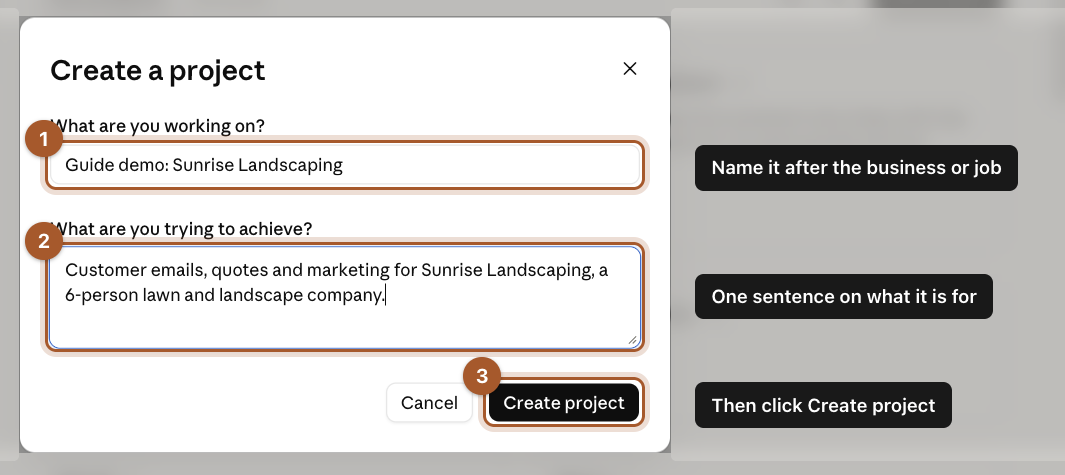 The Create a project form with the name, a one-sentence description, and the Create project button marked.