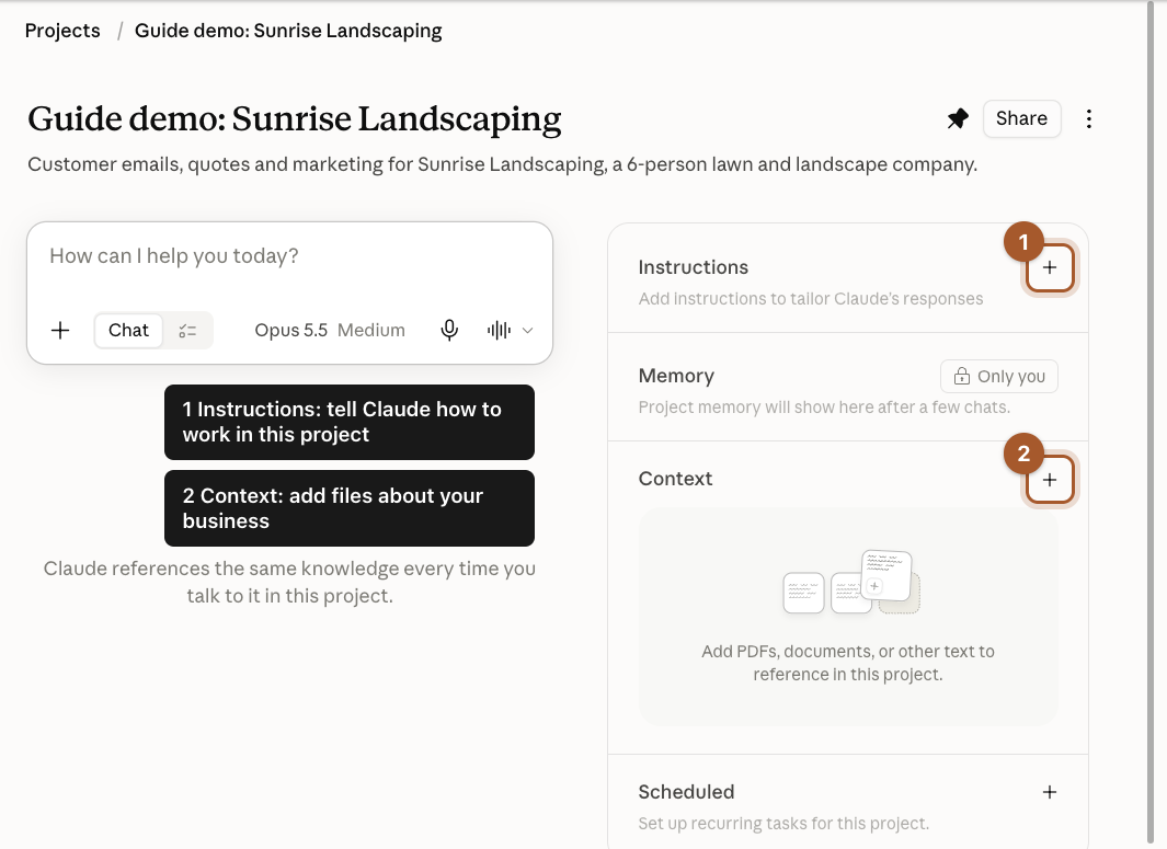 The new project page. On the right, the plus next to Instructions is marked 1 and the plus next to Context is marked 2.