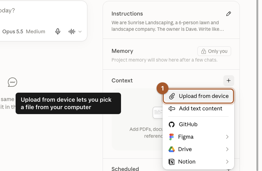 The Context menu open, with Upload from device marked.