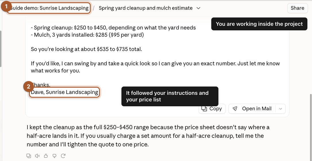 A chat inside the project. The project name at the top is marked 1, and the email signed Dave, Sunrise Landscaping is marked 2.