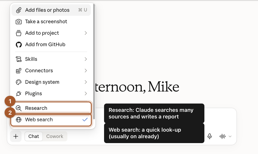 The plus menu with Research marked 1 and Web search marked 2.