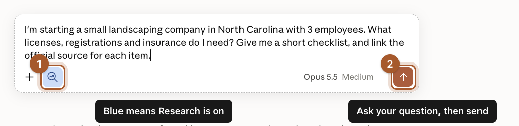 The message box with a research question typed in, the blue Research button marked 1 and the send button marked 2.