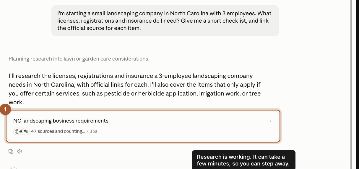 A research progress card showing NC landscaping business requirements and a count of sources read so far.