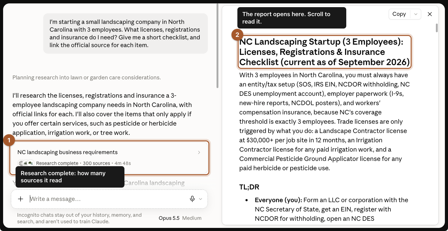 The finished research: a short summary in the chat, marked 1, and the full report opened in a panel on the right, marked 2.