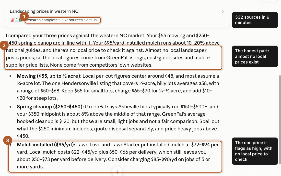 The research summary giving a verdict on each price, with the note that almost no local landscaper posts prices marked.