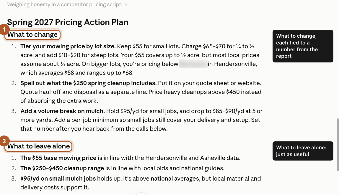 Claude's follow-up answer: a short action plan with next steps for each price and a script for calling competitors.