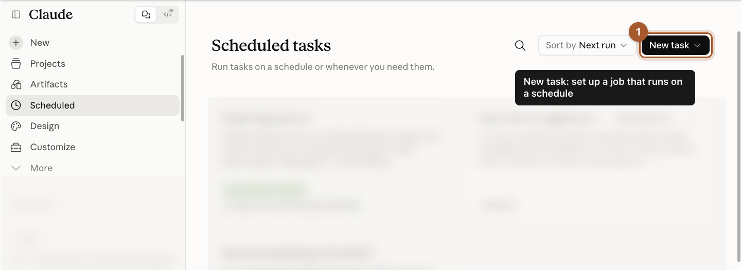The Scheduled tasks page, reached from Scheduled in the left menu, with the New task button marked.