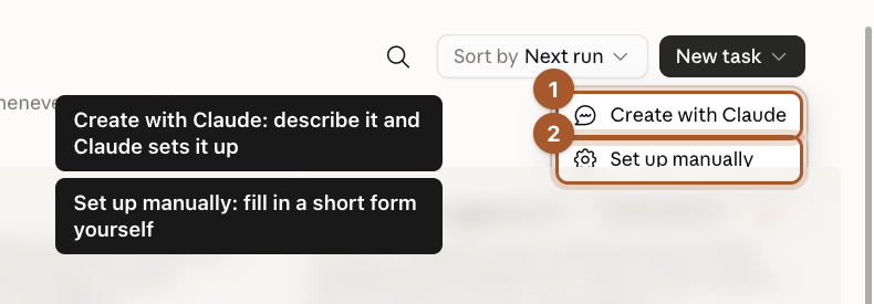 The New task menu with Create with Claude marked 1 and Set up manually marked 2.
