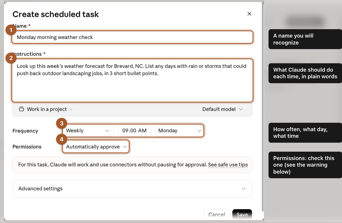 The Create scheduled task form with the name, the instructions, the weekly Monday 9 AM schedule and the permissions setting marked.