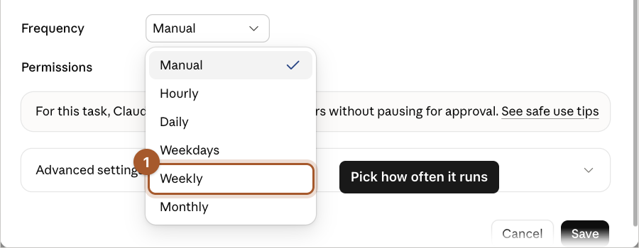The Frequency menu open showing Manual, Hourly, Daily, Weekdays, Weekly and Monthly, with Weekly marked.