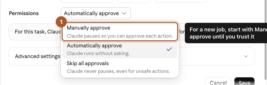 The Permissions menu with Manually approve marked, above Automatically approve and Skip all approvals.
