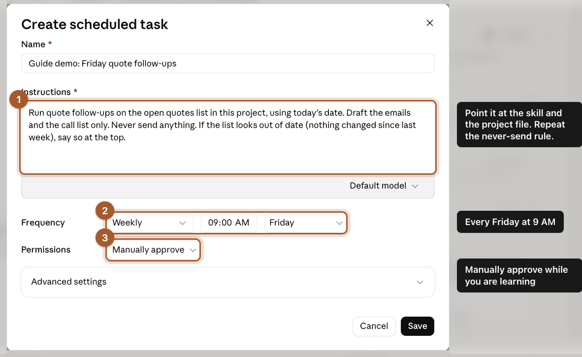 The Create scheduled task form with the instructions marked 1, Weekly Friday at 9 AM marked 2, and Manually approve marked 3.
