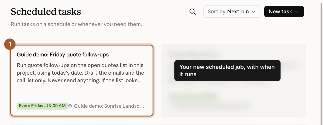 The Scheduled tasks page with the new Friday quote follow-ups task marked, showing Every Friday at 9:00 AM and the Project name.