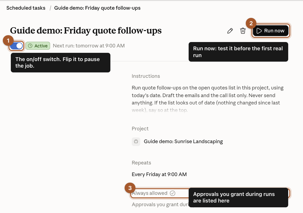 The scheduled task page with the on/off switch marked 1, Run now marked 2 and the Always allowed list marked 3.