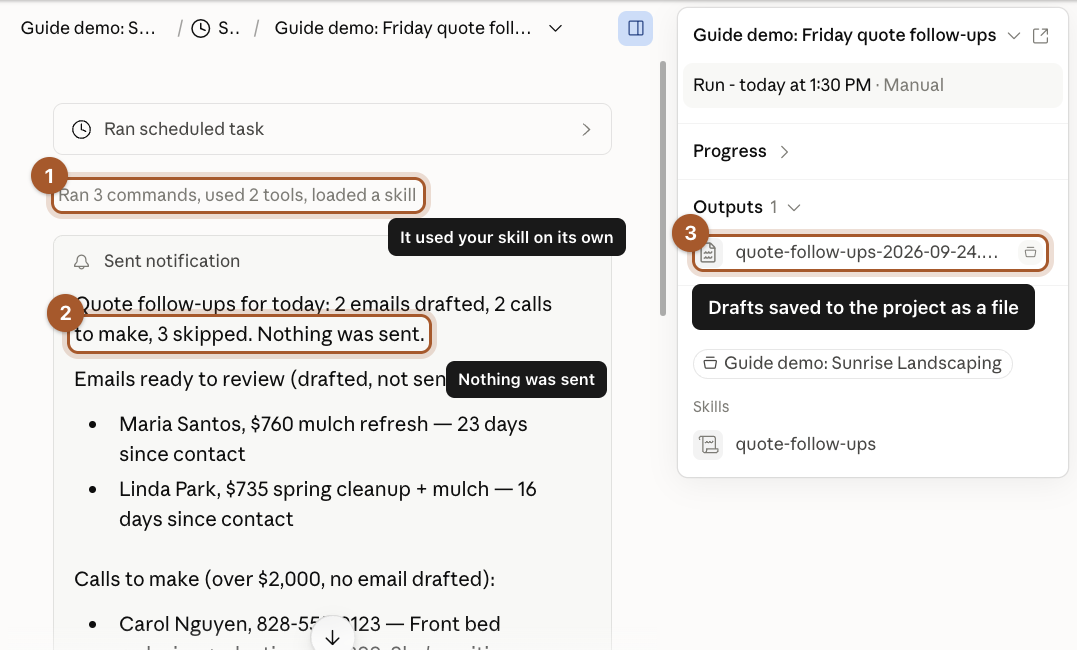 The agent's Friday run: it loaded the skill, sent nothing, and saved the drafts as a file in the Project.
