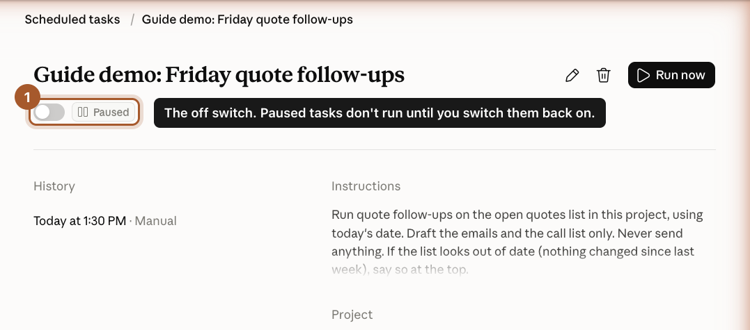 The scheduled task page with the switch turned off and the task marked Paused.