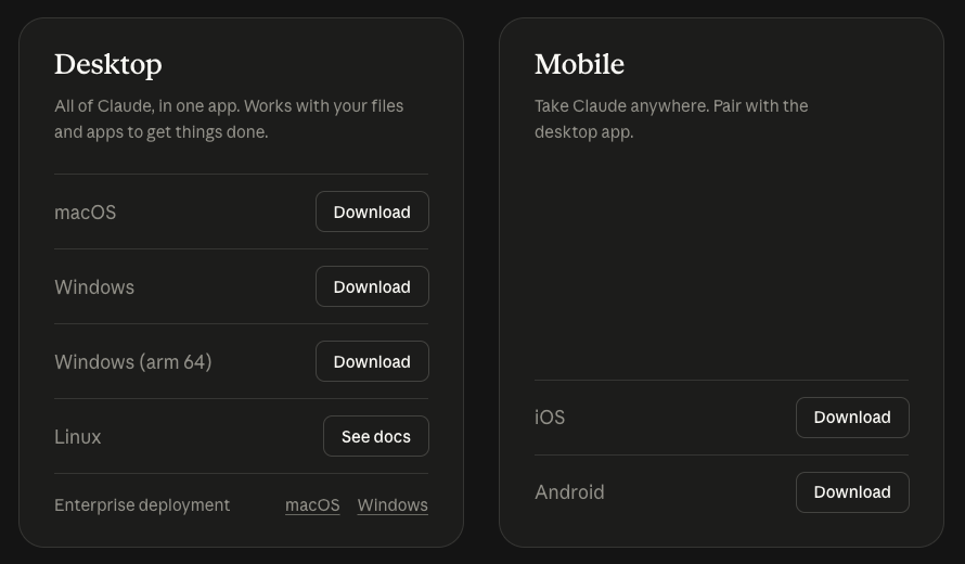 The Claude download page with Download buttons for macOS, Windows, iOS and Android.