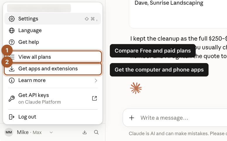 The account menu opened from the bottom left, with View all plans and Get apps and extensions circled.