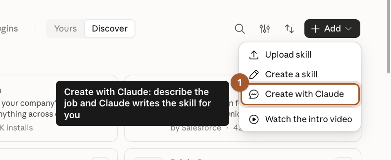 The Add menu open with Create with Claude marked, below Upload skill and Create a skill.